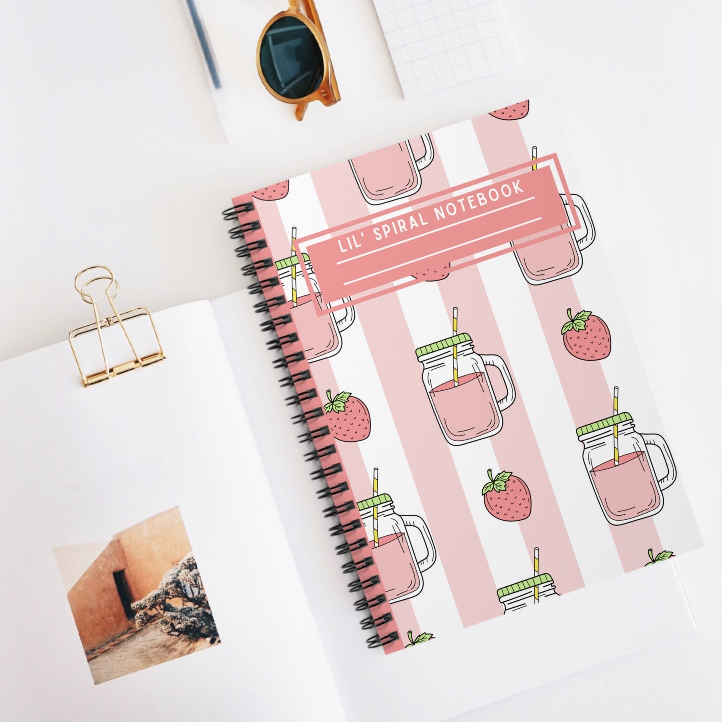Spiral Notebook Ruled Lines Journal Notebook Stationary Gift Durable Cover 6x8 Inches Lil' Pink Strawberry Drink