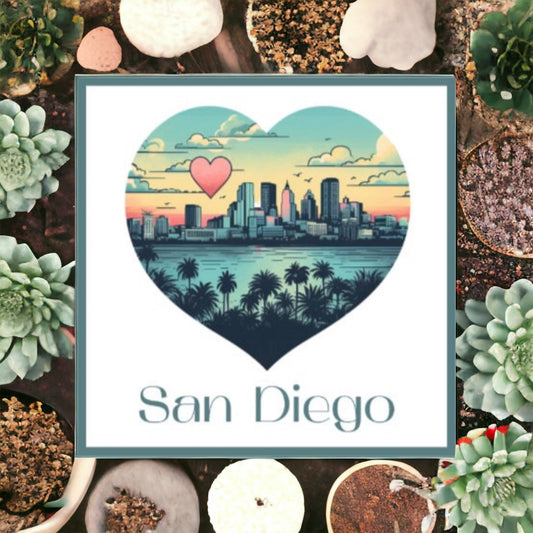 San Diego Skyline Sticker - Heart Shaped City Sunset Decal for Laptops, Journals, & More