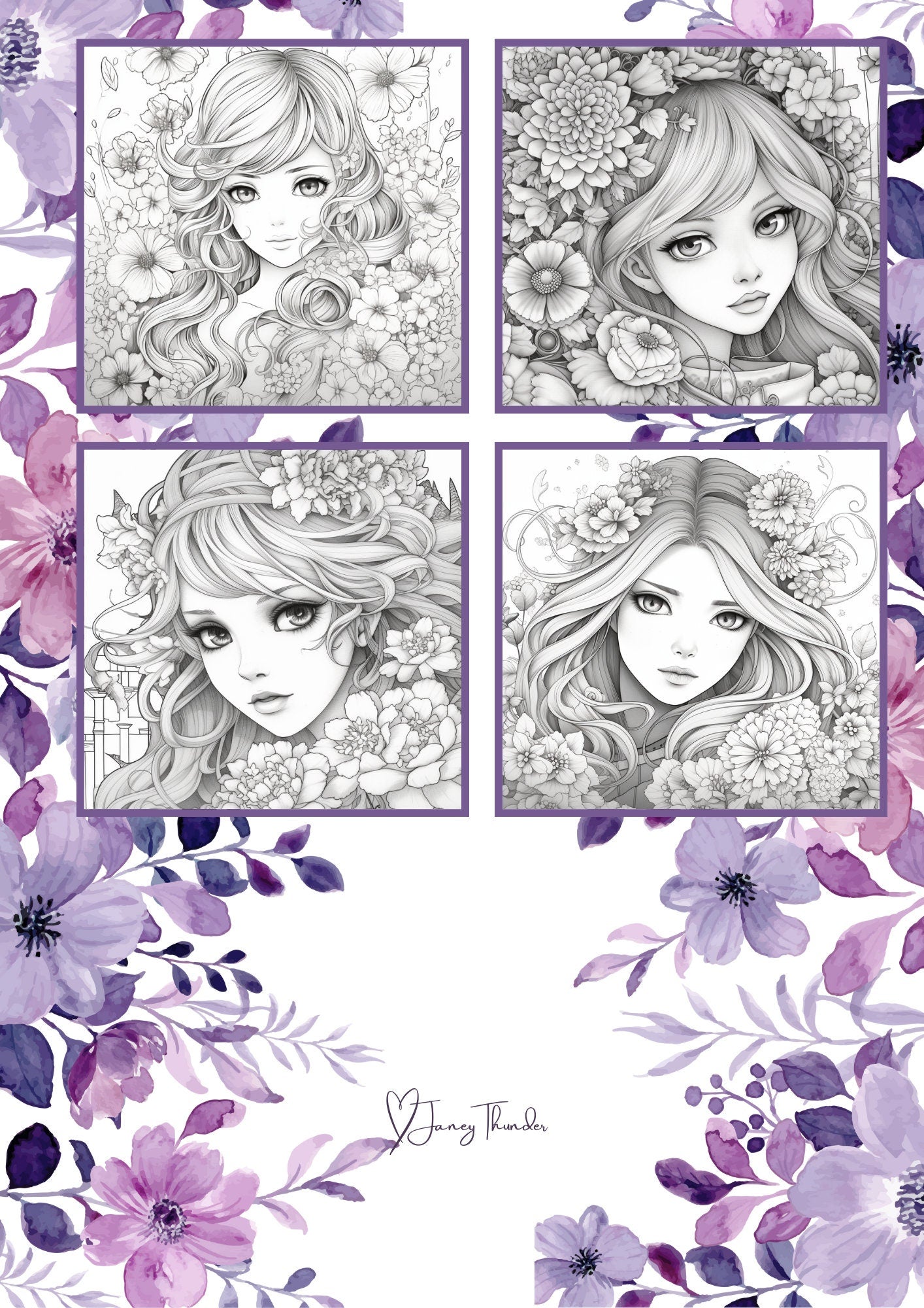 Anime Girls & Flowers Coloring Book - Intricate Blossom Designs and Uplifting Quotes for Relaxation