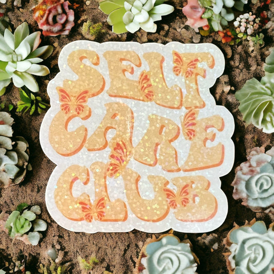 Self Care Club Holographic Sticker - Sparkling Vinyl Decal with Delicate Butterfly Motifs