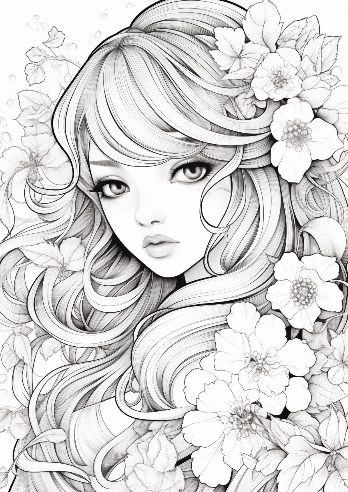 Anime Girls & Flowers Coloring Book - Intricate Blossom Designs and Uplifting Quotes for Relaxation