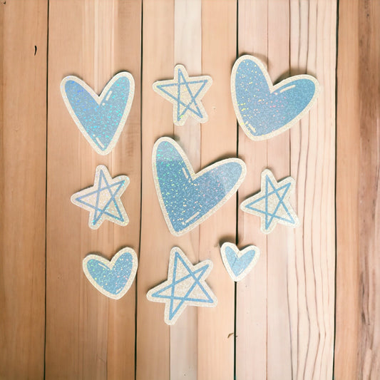 Holographic Blue Heart & Star Stickers - Glitter Decals for Journals, Planners, DIY Crafts, Laptops and more