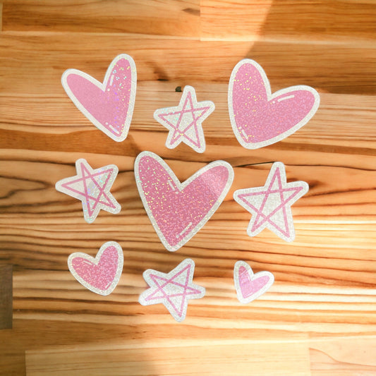 Sparkling Pastel Pink Heart & Star Stickers - Glittery Decals for Journals, Planners, Crafts, and Laptop